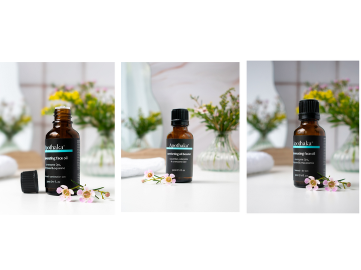Apothaka's range of nutrient rich face oils made with cold pressed oils and made in micro batches