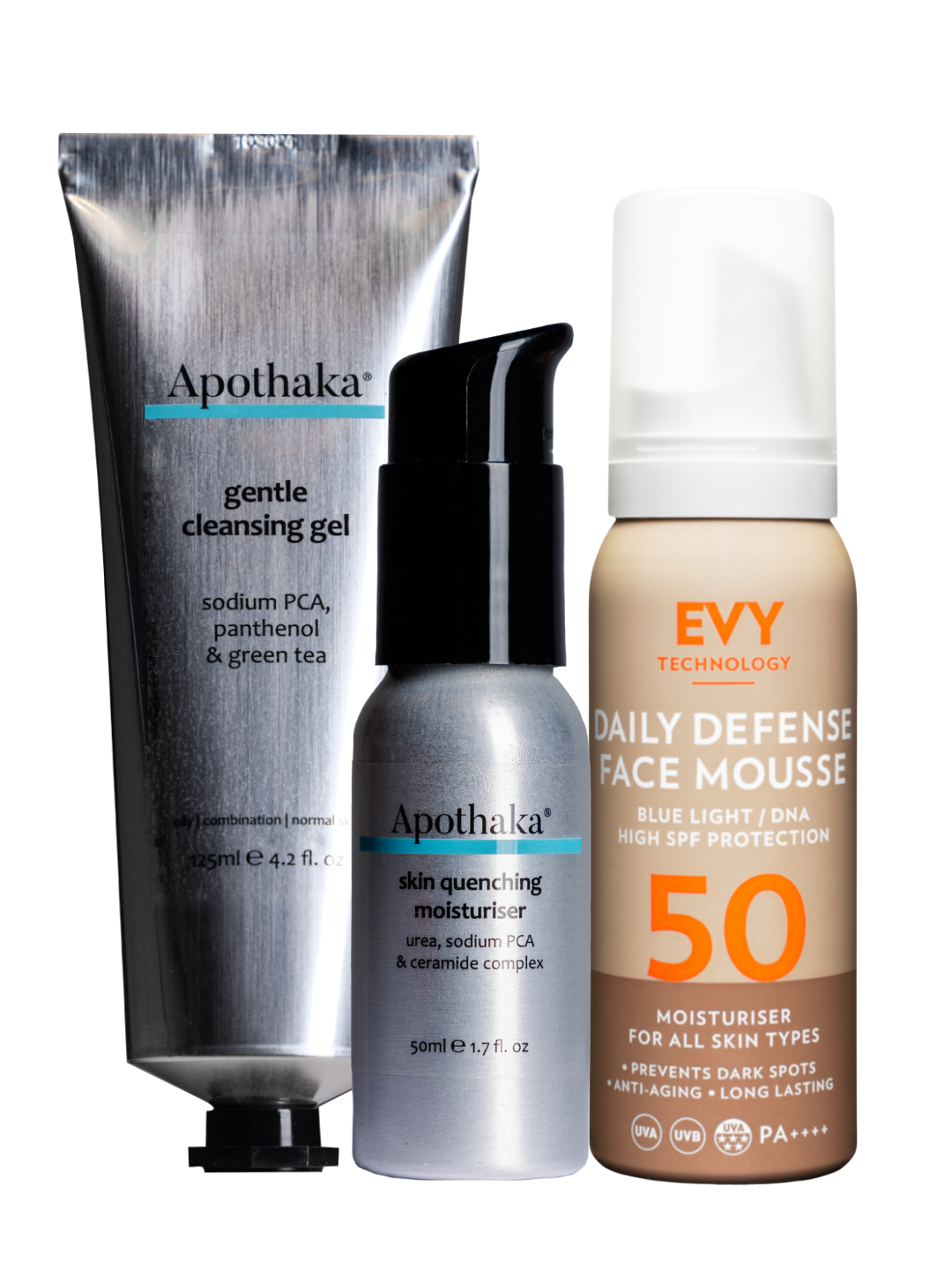 Apothaka Skin health curated basics - light bundle for normal to oily skin with gentle cleansing gel, skin quenching moisturiser and EVY daily defence SPF50 face mousse