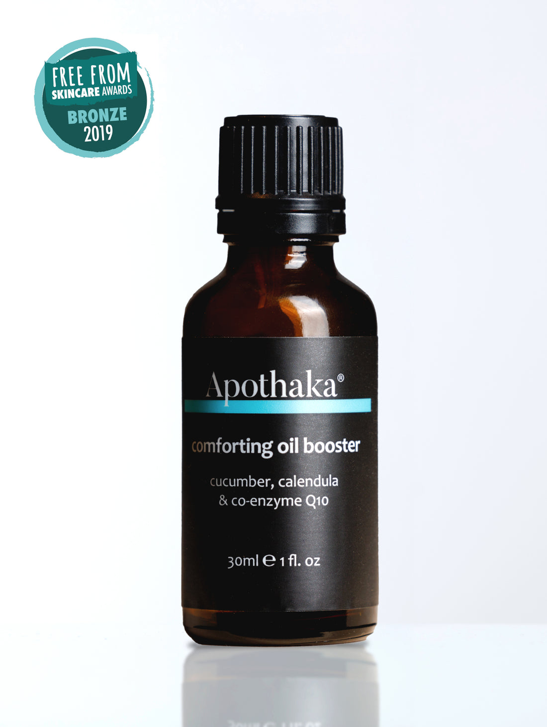 Award winning Apothaka comforting oil booster fragrance free for sensitive skin with CoQ10 30ml shown in amber glass bottle with black screw cap