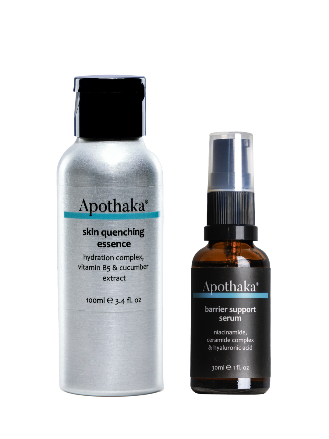 Two Apothaka skincare products, skin quenching essence and barrier support serum on a white background