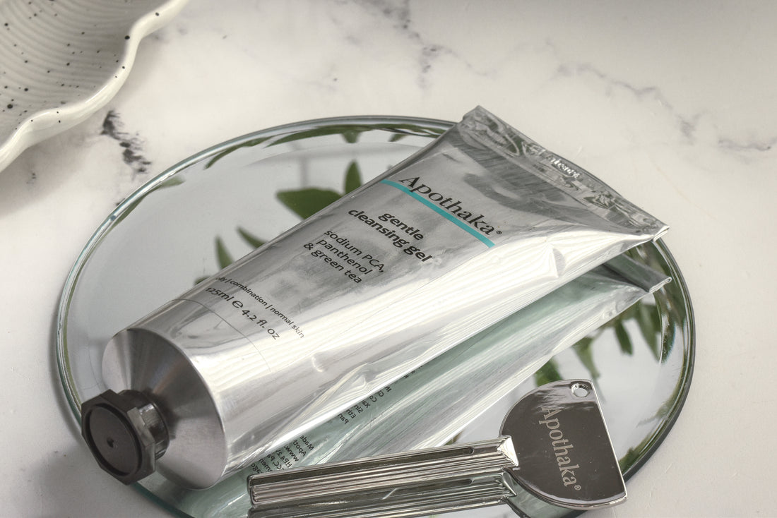 Apothaka gentle cleansing gel 125ml with metal tube squeezer key - close up
