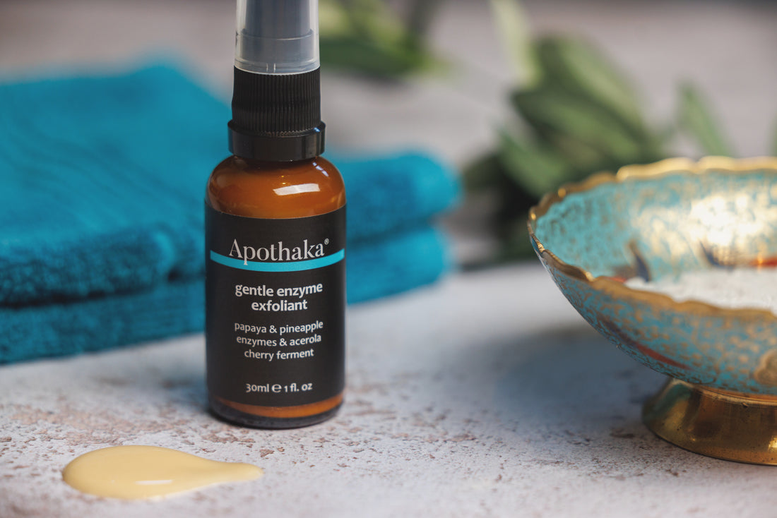 Apothaka gentle enzyme exfoliant fragrance free sensitive skin packaging and milky serum texture shown