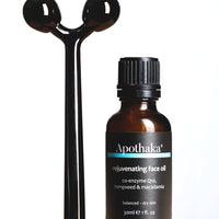 Apothaka self care set with metal facial massage roller and rejuvenating face oil 30ml for dry skin lightly fragranced