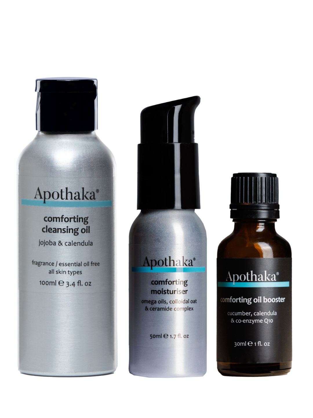 Sensitive skin / rosacea bundle by Apothaka with comforting cleansing oil comforting moisturiser and comforting oil booster