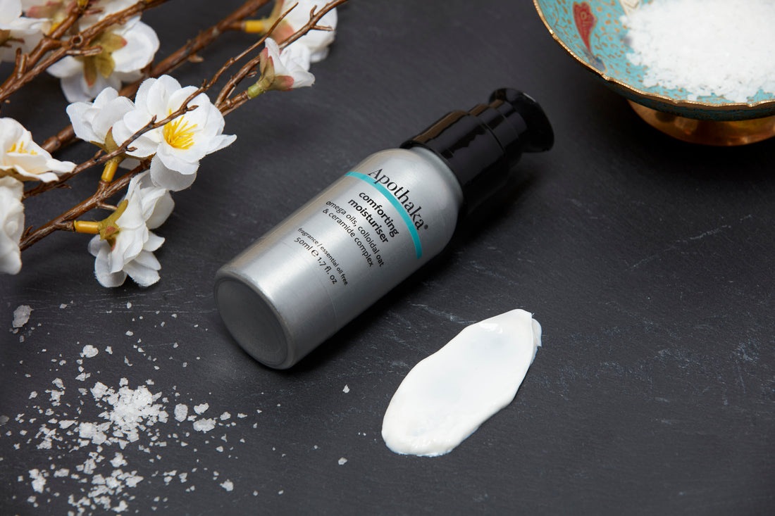 Apothaka comforting moisturiser in aluminium bottle and pump dispenser, fragrance free with texture shown